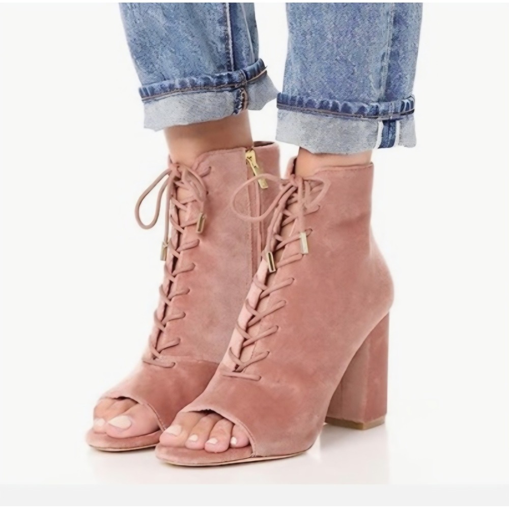 Joie Lakia Velvet Peep Toe Lace Up Booties SZ 41 US 10 Pink Block Heel Romantic